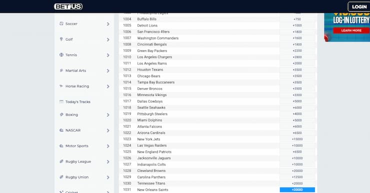 An image of the betting screen from BetUS, a popular online sportsbook in New York.